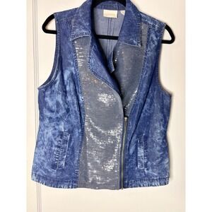 Chicos Denim Vest Sequin Acid Wash Blue Sleeveless Side Zip Jacket medium Size 1